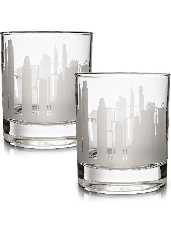 Greenline Goods Whiskey Glasses - 10 Oz Tumbler Gift Set, Etched with a city skyline | Old Fashioned Rocks Glass - Set of 2 - Image 1